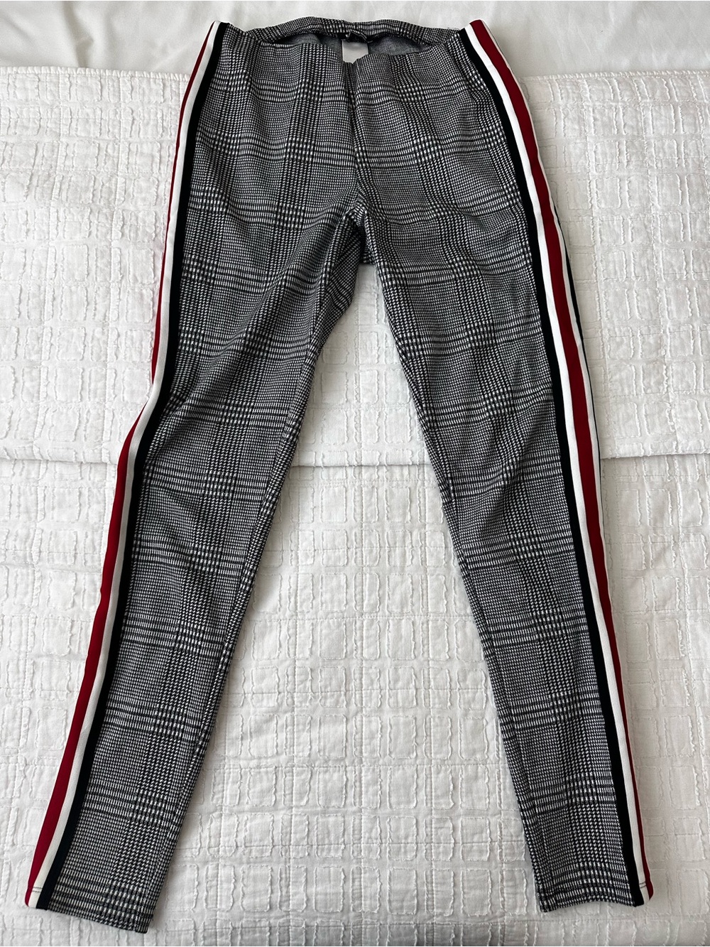 Express Women’s Black-and-White Plaid Legging Dress Pant with Red Side Stripe